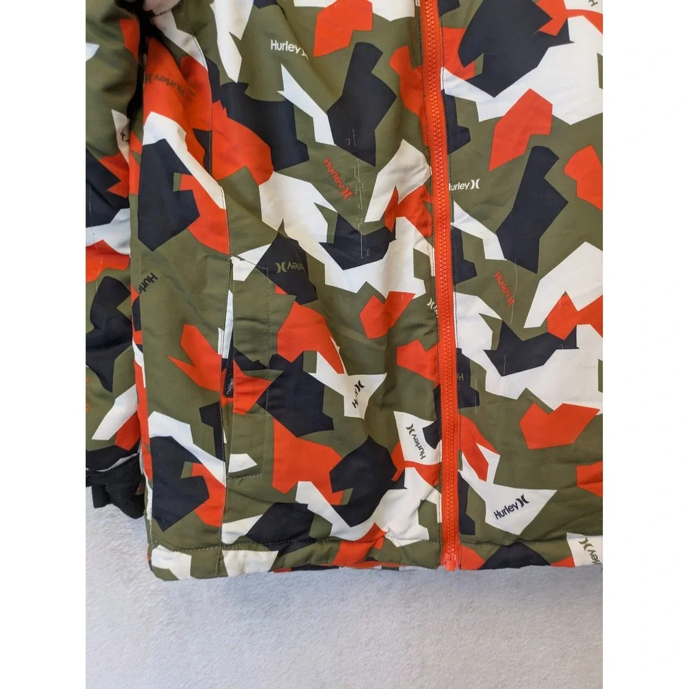Hurley Puffer Jacket Kid's L (14/16) Green Orange Camo Hooded Fleece Lined‎